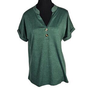 NWOT | Forest Green V-Neck Henley Roll Tab Short Sleeve Top | Small